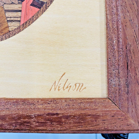 Wood Art Hudson River Inlay Wooden Marquetry Framed Indian Chief Signed Nelson - Picture 3 of 7